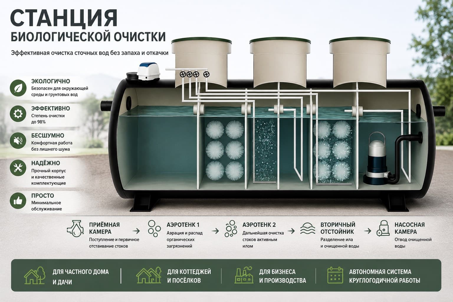 Устройство станции биологической очистки в разрезе